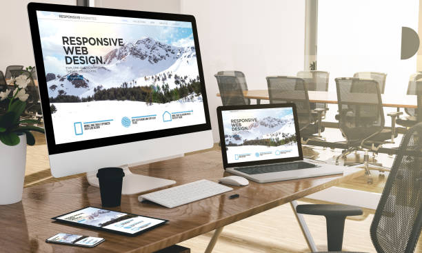 devices at modern office 3d rendering showing responsive web design website